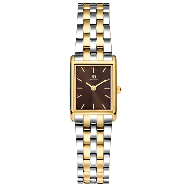 Orologio rettangolare bicolore con cassa dorata e bracciale in acciaio inox argentato e dorato.