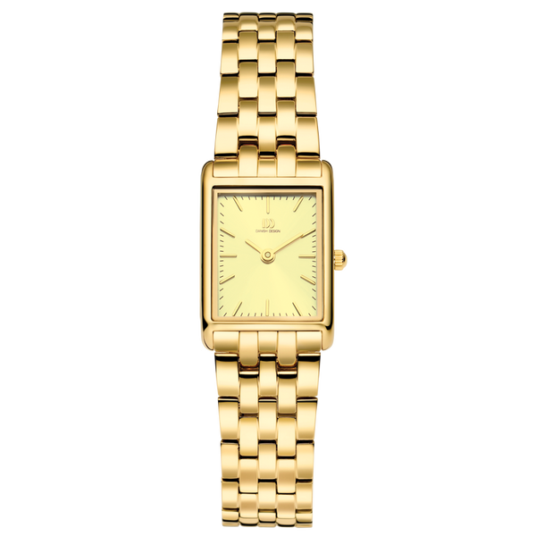 Orologio rettangolare dorato con quadrante giallo e bracciale in maglia rolò.