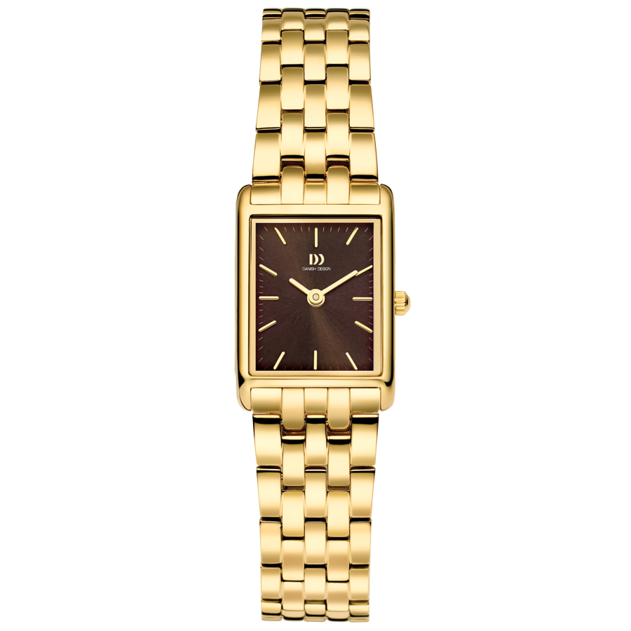 Orologio rettangolare dorato con quadrante marrone e bracciale a maglia rolò.