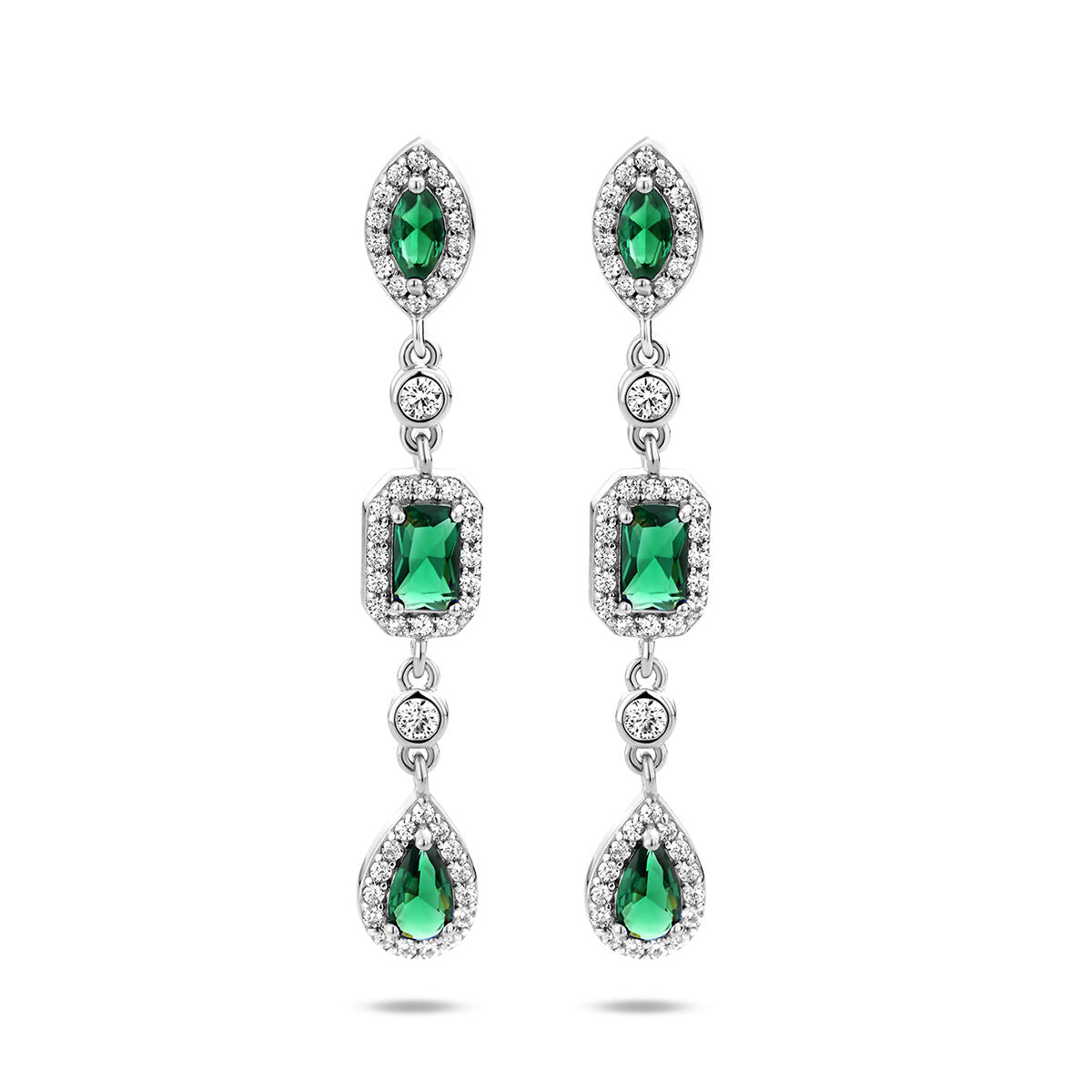 Orecchini pendenti in argento rodiato con zirconi bianchi e verdi, forma ovale e a goccia.