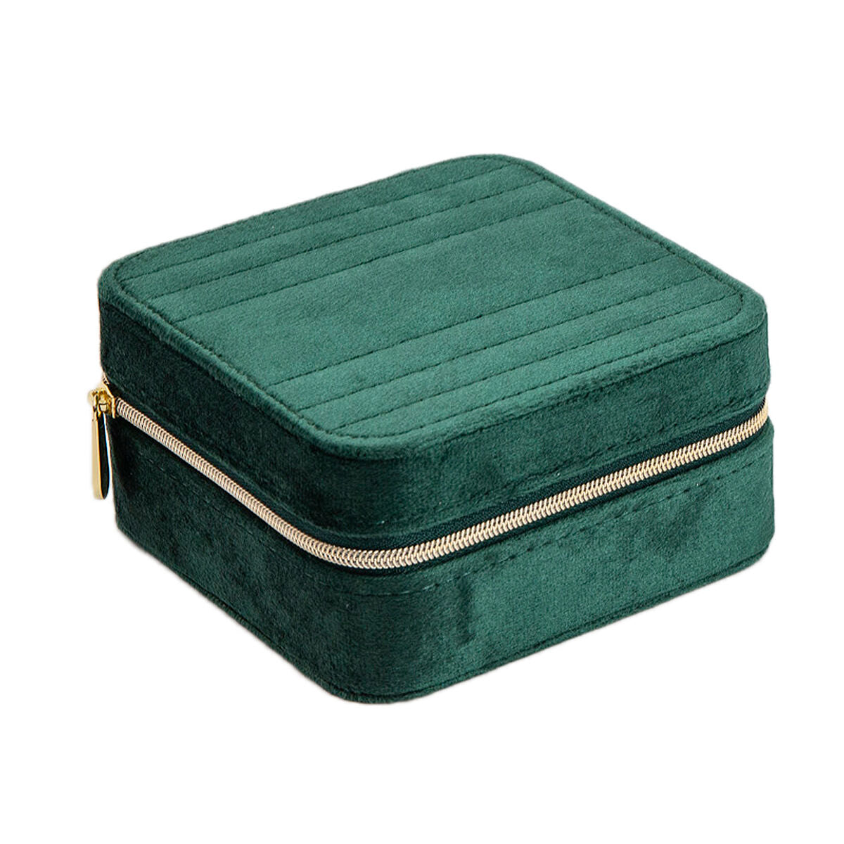 Scatola per gioielli verde in velluto con zip e design quadrato.