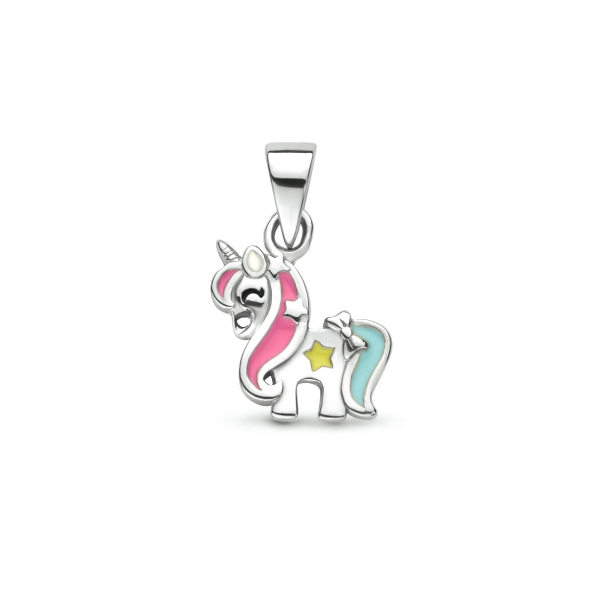 Ciondolo in argento rodiato a forma di unicorno con dettagli colorati rosa, azzurro e giallo.