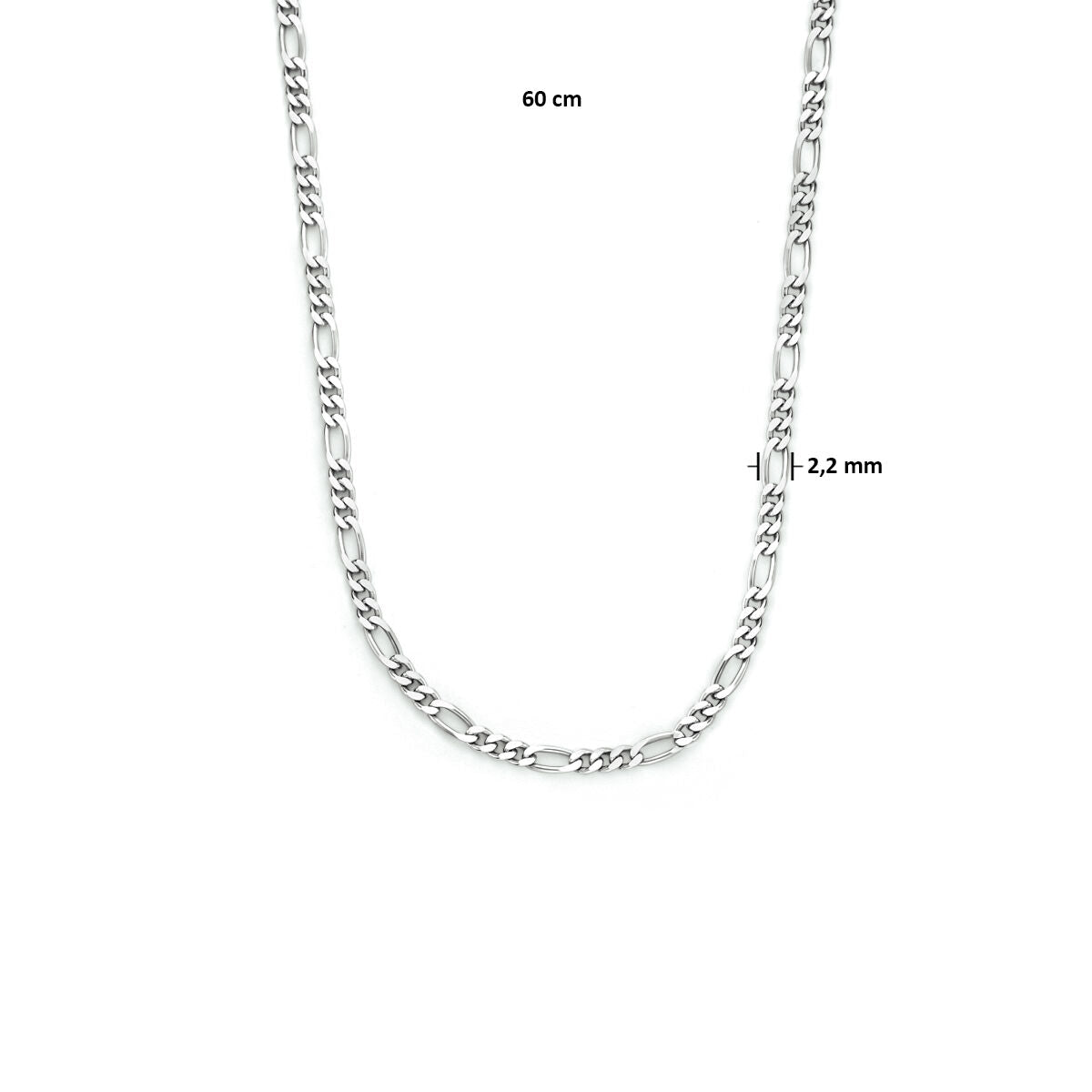 Het collier figaro 2,2 mm zilver gerhodineerd van Van der Kooij Collectie is 60 cm lang, gemaakt van 925 zilver en wordt getoond op een witte achtergrond met duidelijke afmetingen.