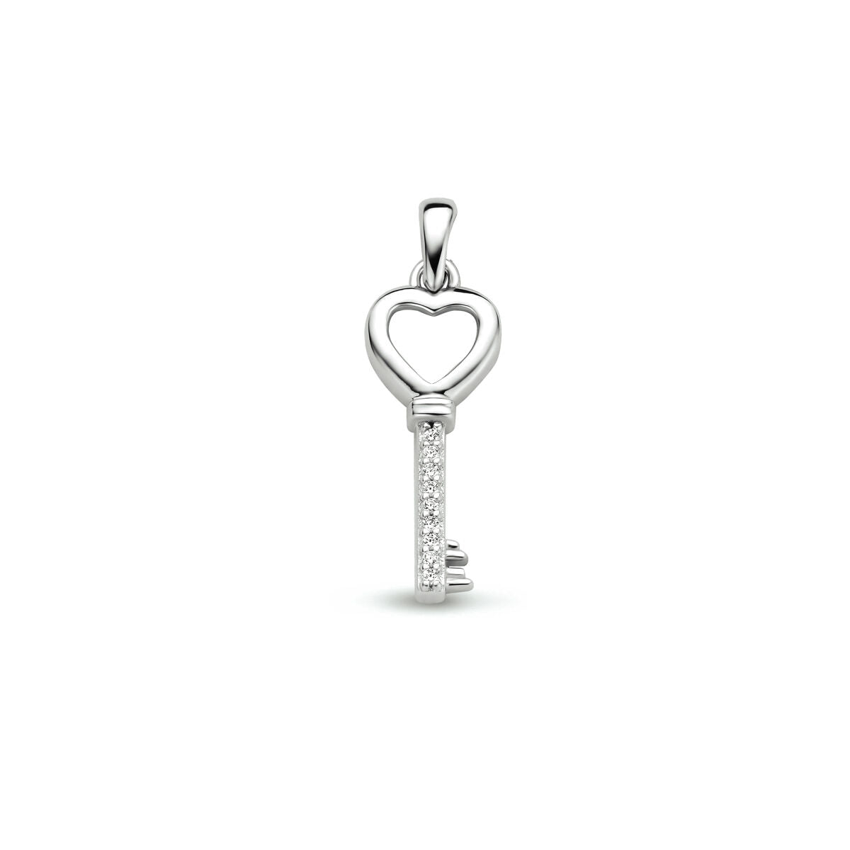 Zilveren gerhodineerde hanger in de vorm van een sleutel met een hart en zirkonia-steentjes.