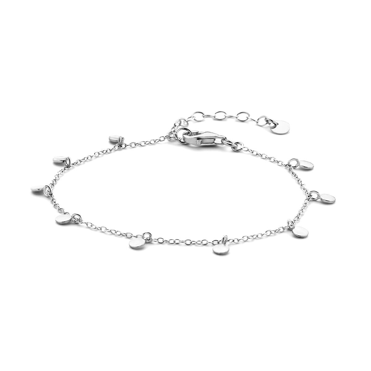Bracciale in argento rodiato con pendenti circolari, lunghezza 16 + 3 cm.