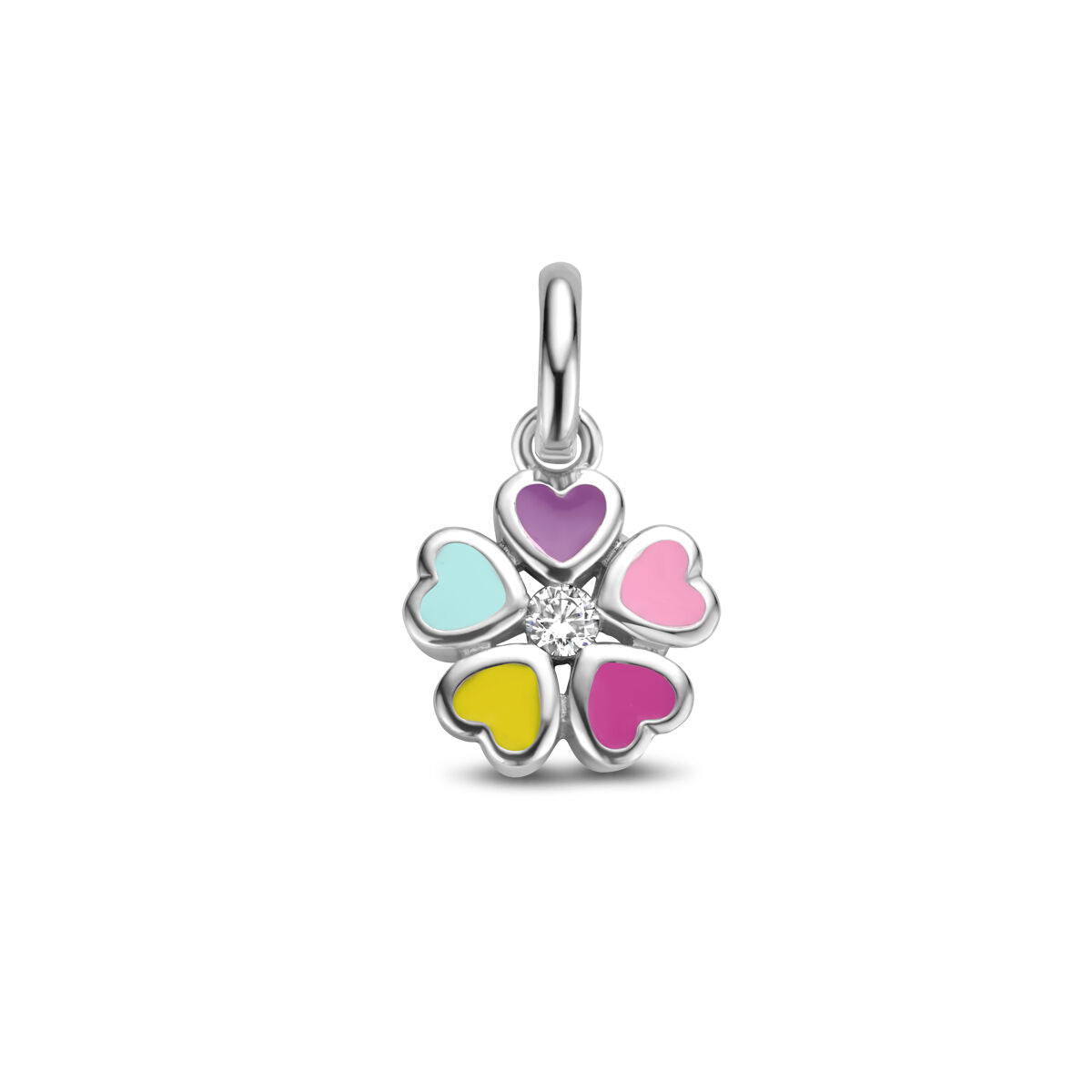 De Van der Kooij Collectie hanger bloem zirkonia zilver gerhodineerd heeft een zesbladige bloem met hartvormige, kleurrijke geëmailleerde bloemblaadjes, een zirkonia-edelsteen in het midden en is afgewerkt met een cirkelvormig lusje aan de bovenkant.