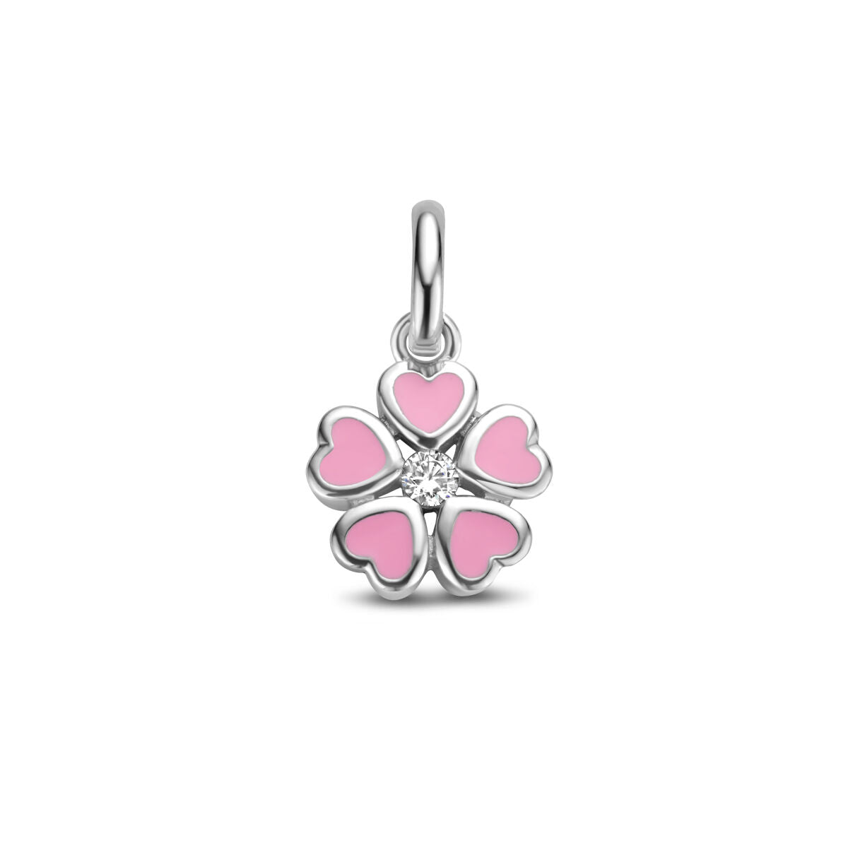 Ciondolo a forma di fiore con petali rosa a cuori e zirconi, in argento rodiato.