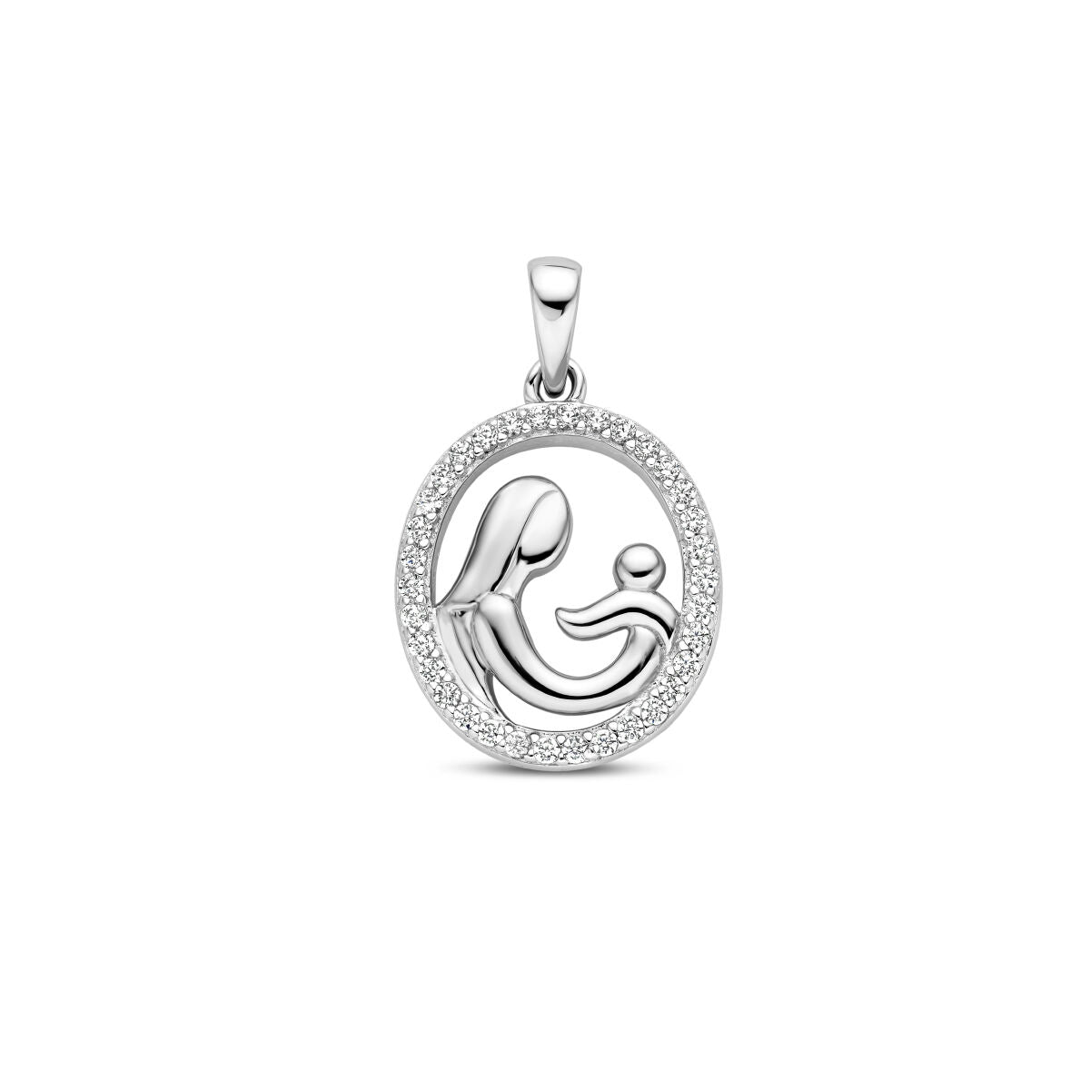 Ciondolo in argento rodiato con figura di madre e bambino, incastonato di zirconia.