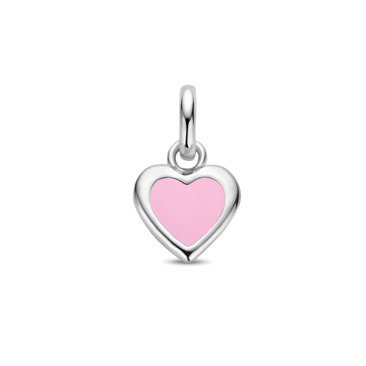 Ciondolo a forma di cuore in argento rodiato con inserto rosa.