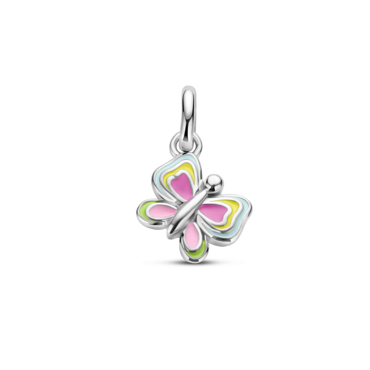 Ciondolo a forma di farfalla in argento rodiato con dettagli colorati rosa, giallo e verde.