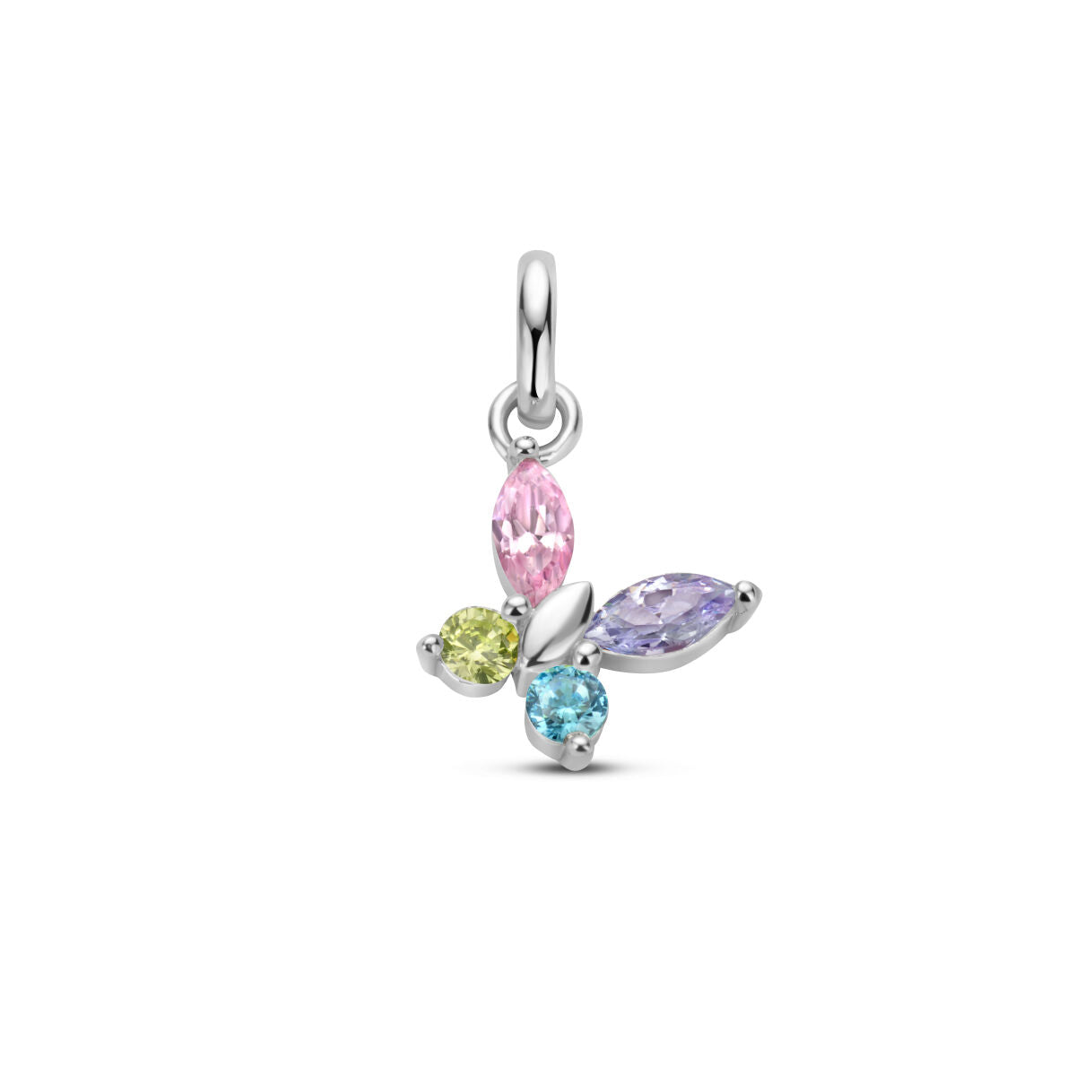Ciondolo a forma di farfalla con zirconi multicolori, finitura in argento rodiato.