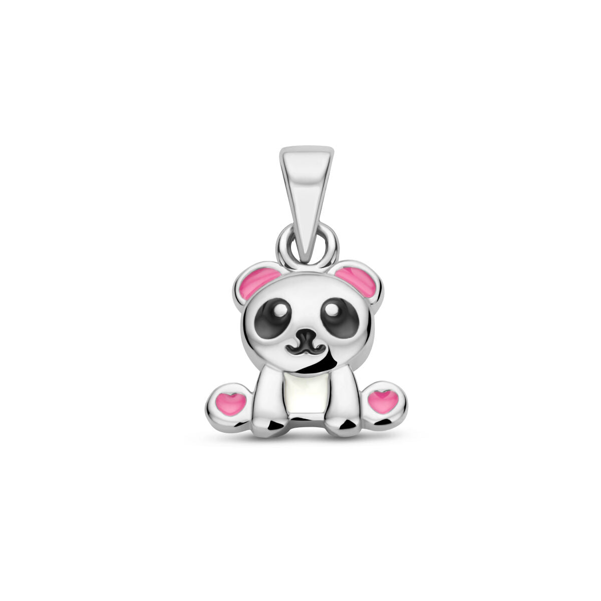 Zilveren gerhodineerde hanger in de vorm van een panda met roze accenten.