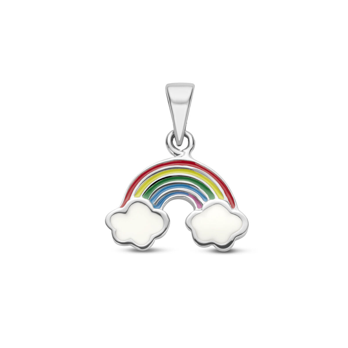 Ciondolo a forma di arcobaleno in argento rodiato con nuvole bianche e colori vivaci.