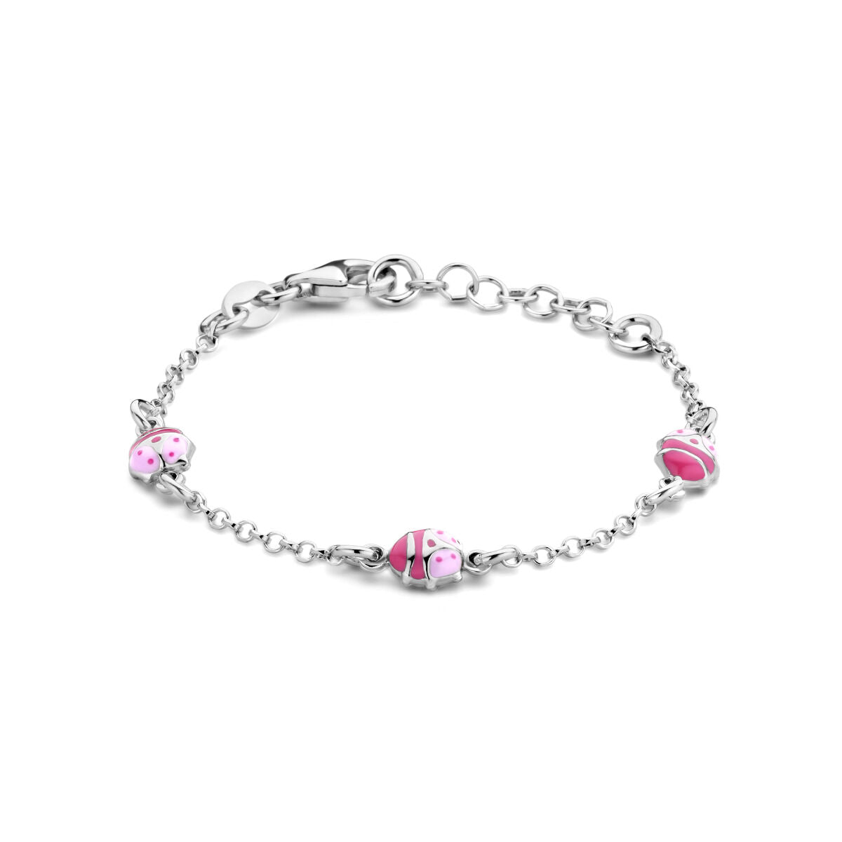 Bracciale in argento rodiato con charm a forma di coccinella rosa e dettagli colorati.