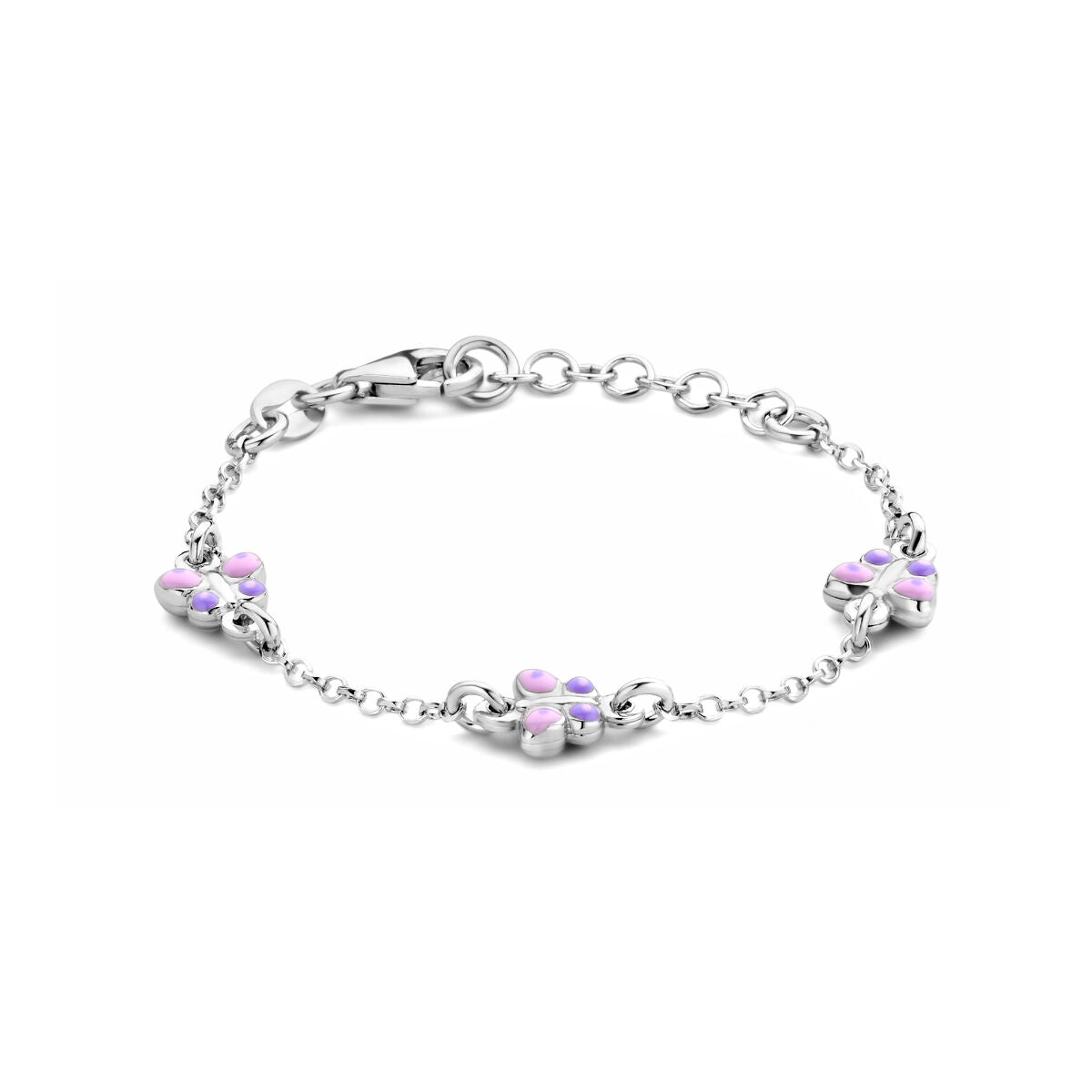 Bracciale in argento rodiato con dettagli a forma di farfalla e pietre lilla, lunghezza 11 + 2 cm.