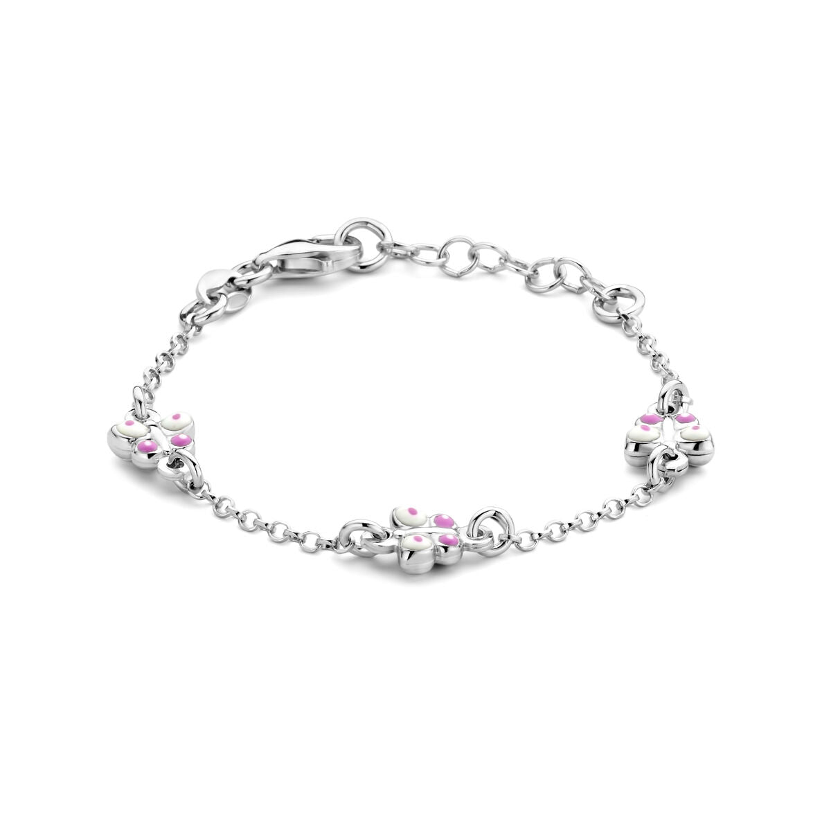 Bracciale in argento rodiato con farfalle e dettagli rosa, lunghezza 11 + 2 cm.