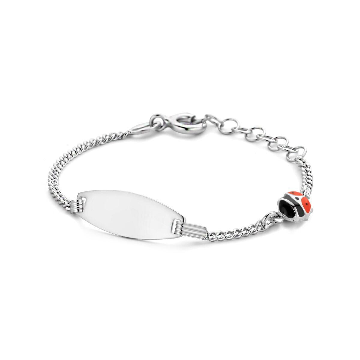 Bracciale in argento rodiato con piastra liscia da 6,5 mm e charm a forma di coccinella.