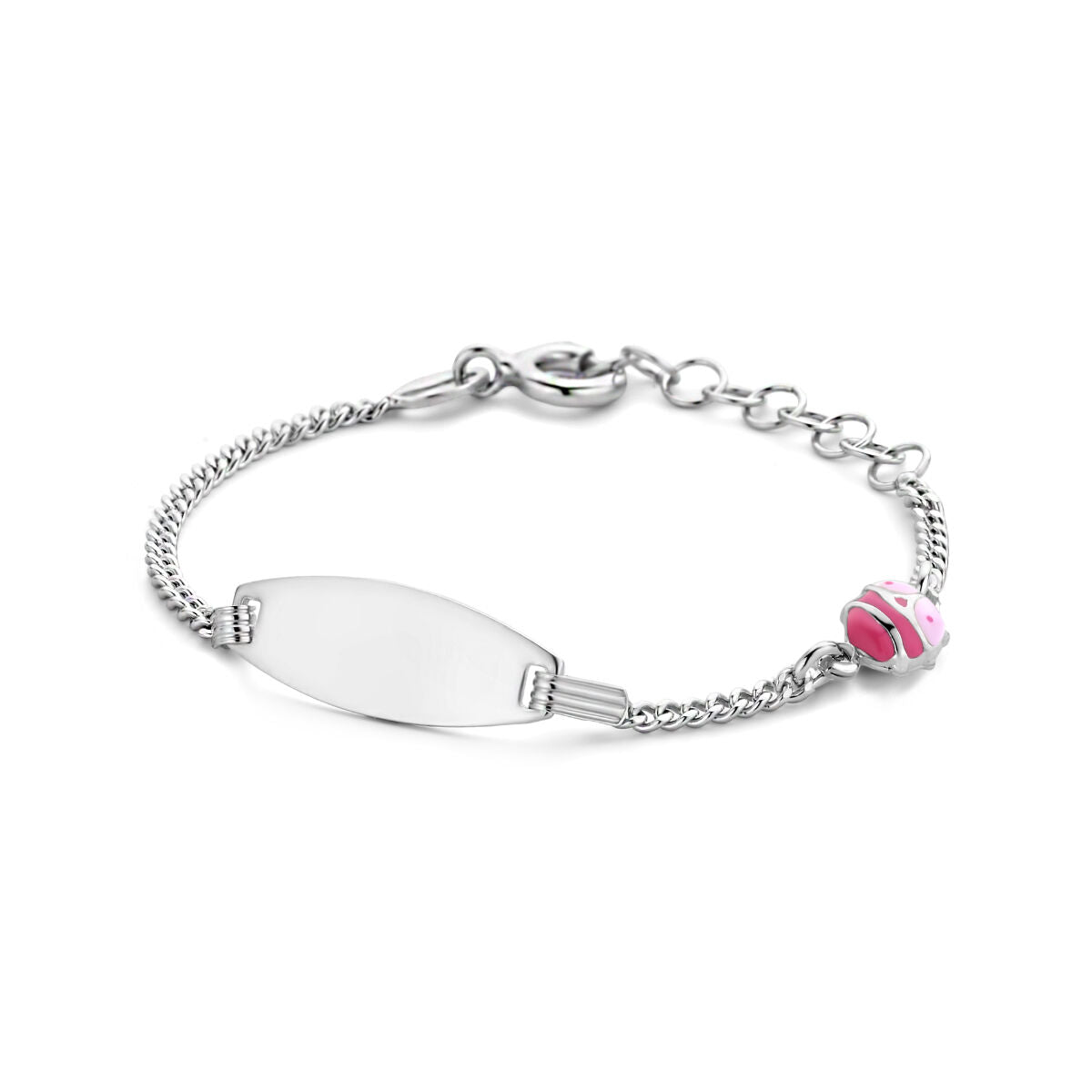 Bracciale in argento rodiato con placca per incisione e charm a forma di coccinella.