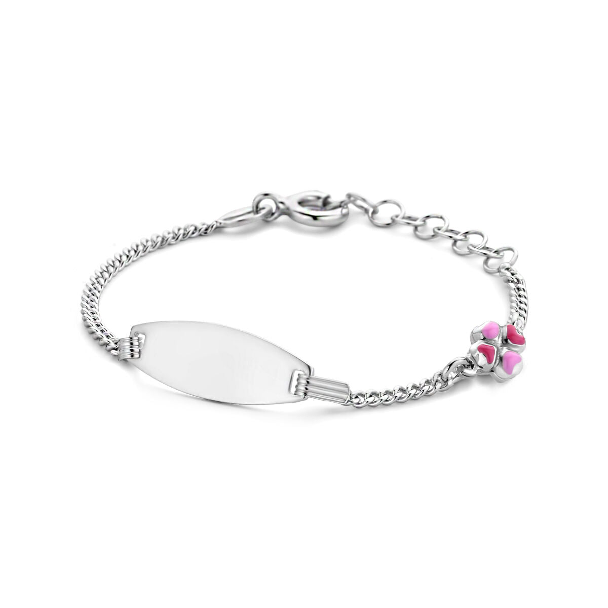 Bracciale in argento rodiato con piastra per incisione e dettaglio di fiori colorati.