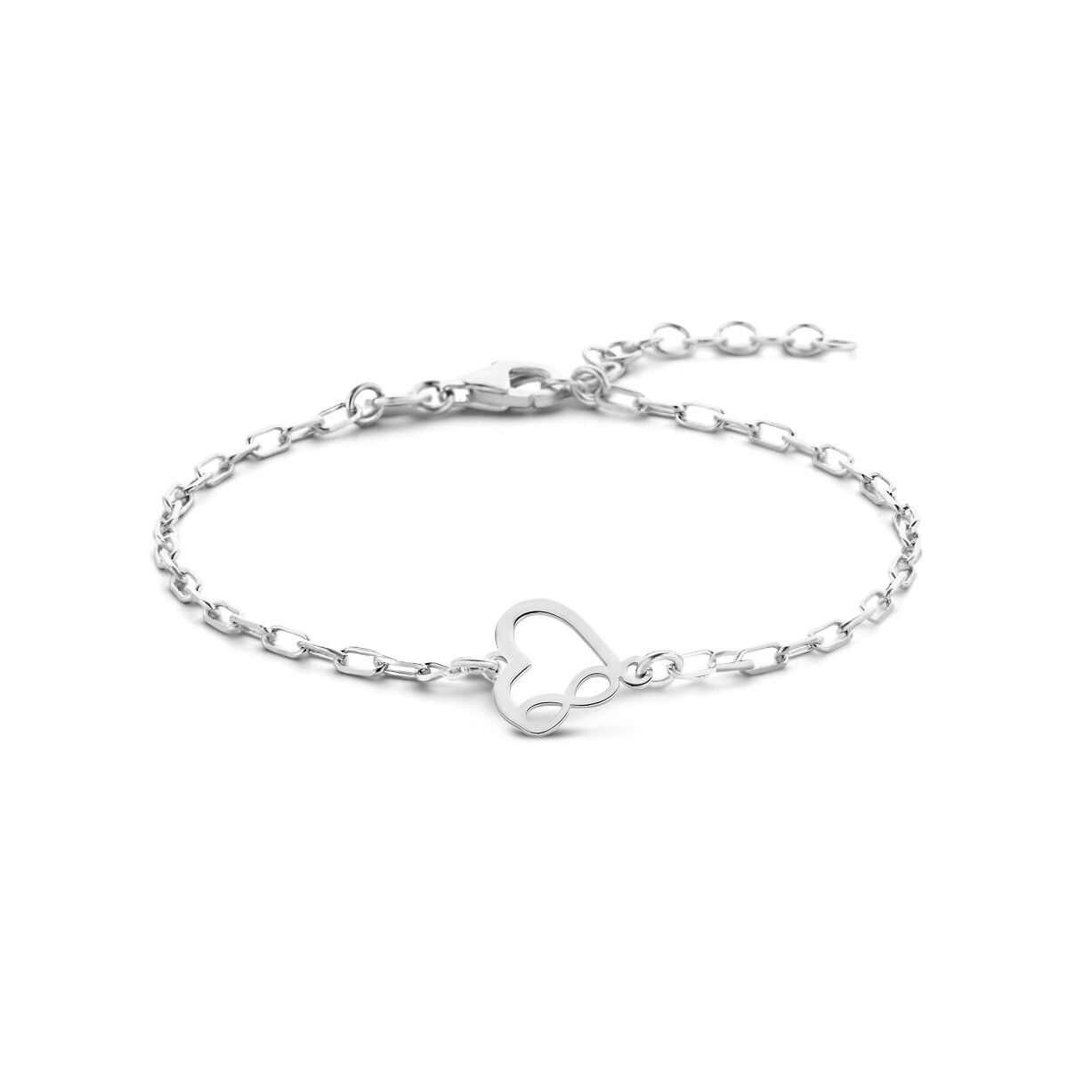 Bracciale in argento rodiato con cuore e simbolo dell'infinito, lunghezza 16 + 3 cm.