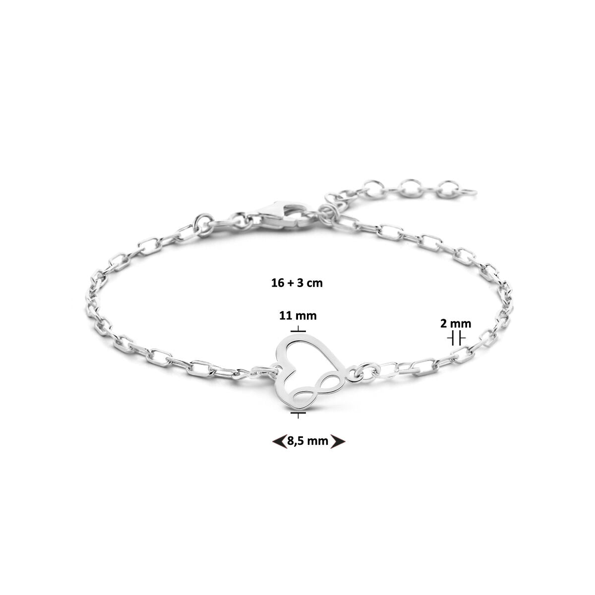 bracciale cuore e infinito 16 + 3 cm argento rodiato