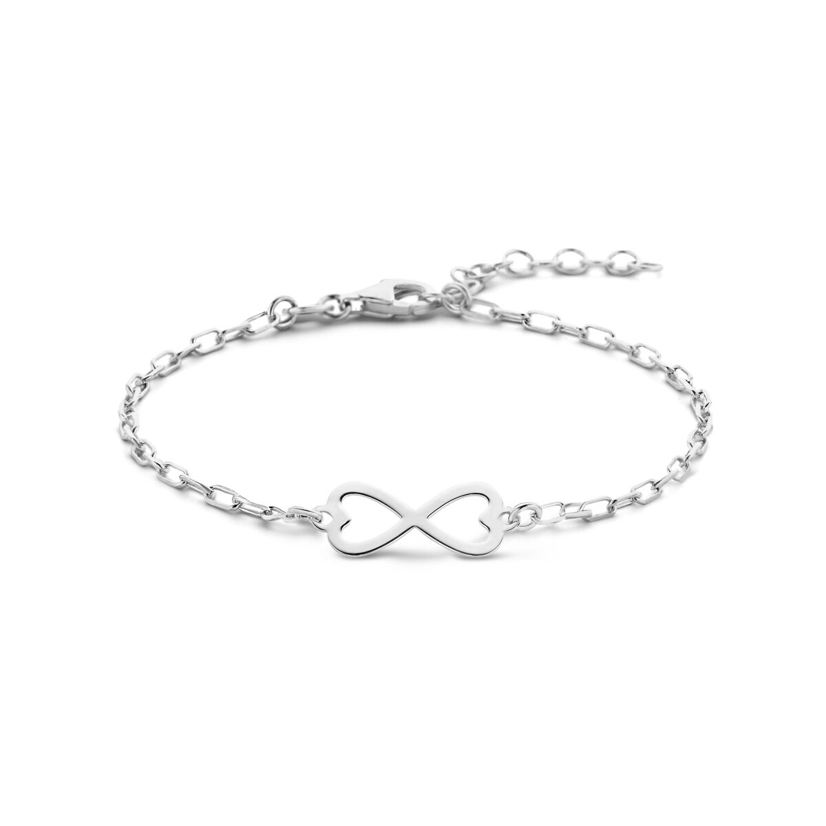 Bracciale in argento rodiato con simbolo dell'infinito, lunghezza 16 + 3 cm.