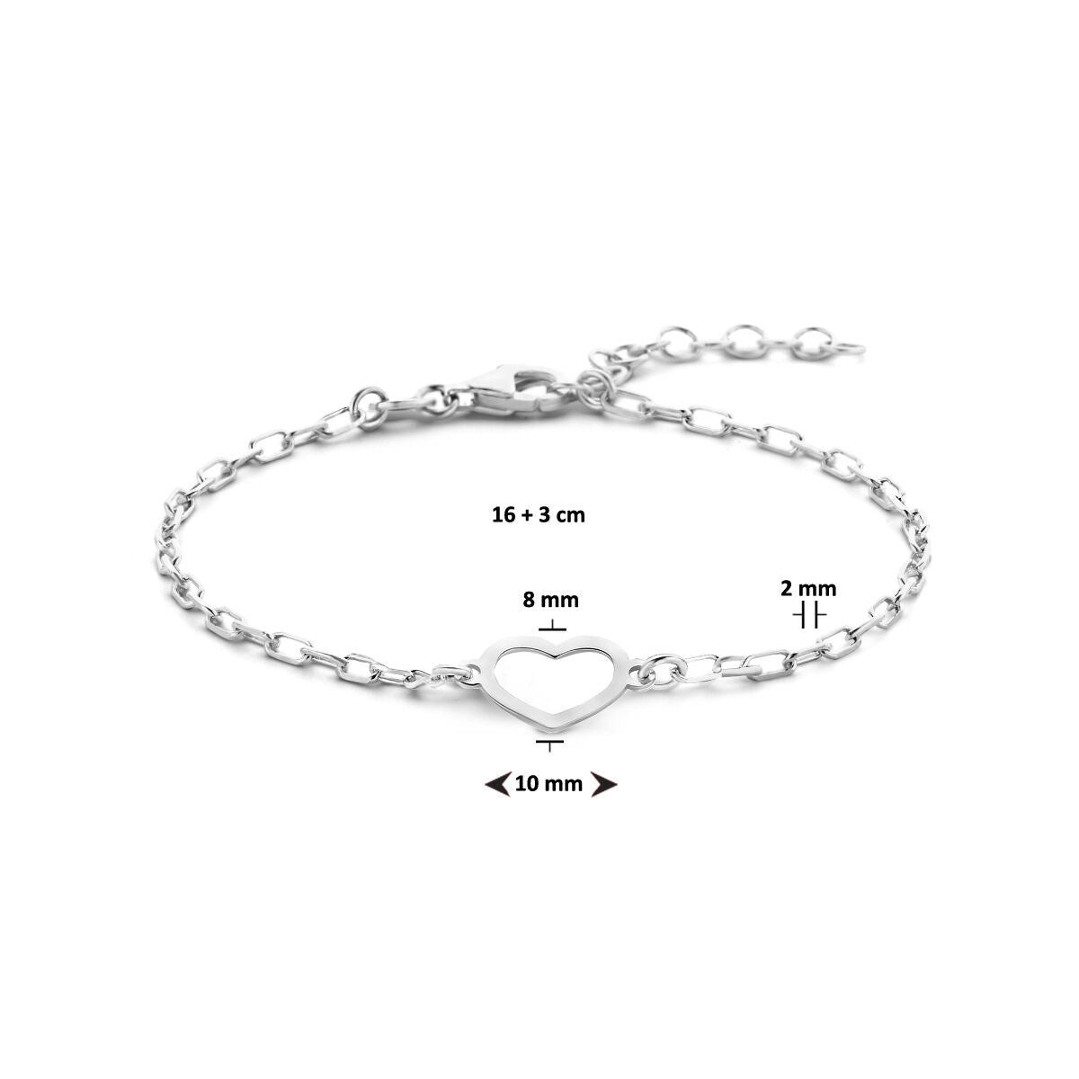 bracciale cuore 16 + 3 cm argento rodiato