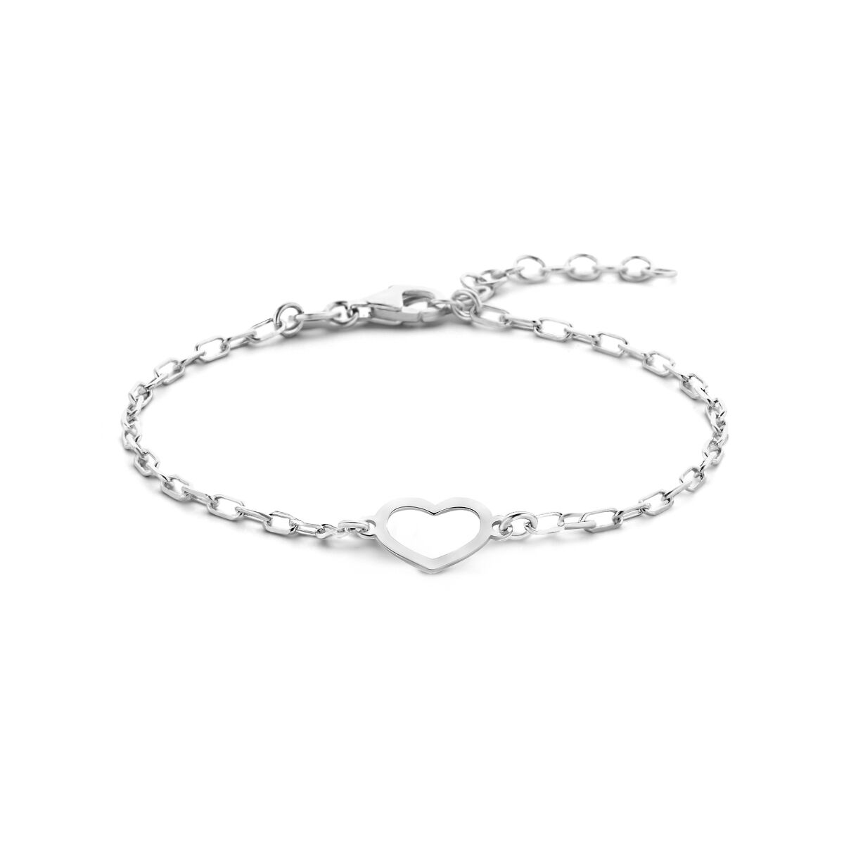 Bracciale in argento rodiato con un cuore centrale e catena a maglia.