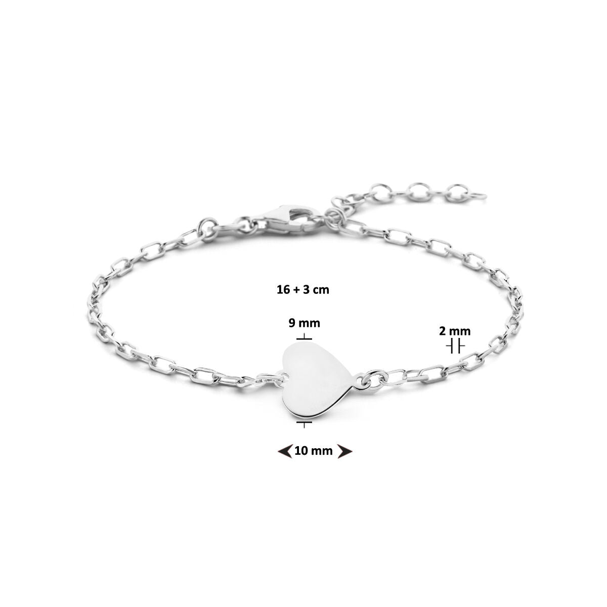 bracciale cuore 16 + 3 cm argento rodiato