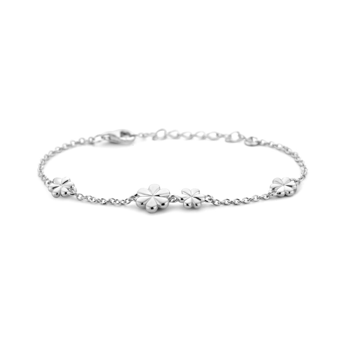 Bracciale in argento rodiato con fiori decorativi, lunghezza 13 + 3 cm.
