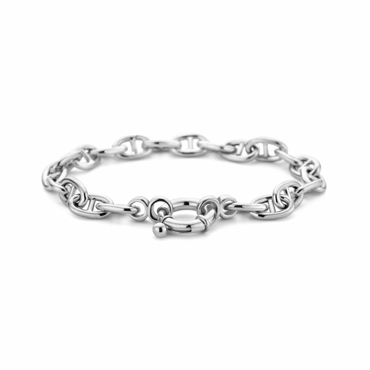Bracciale in argento rodiato con maglie marine e grande chiusura a molla di 7,1 mm, lunghezza 19 cm.