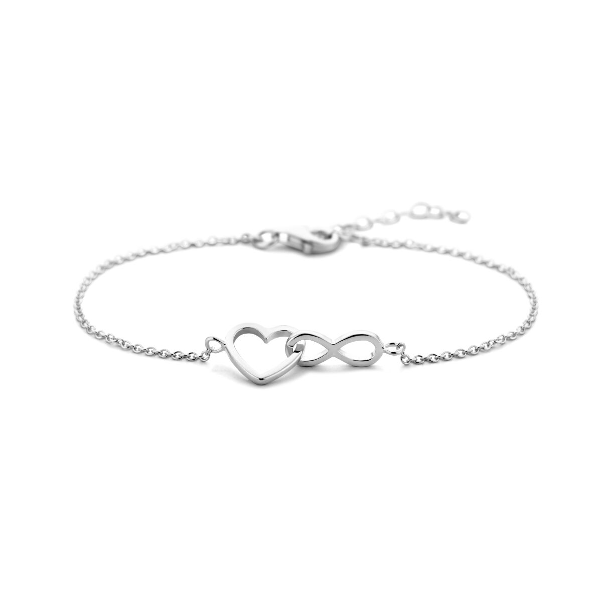 Bracciale in argento rodiato con charm a forma di cuore e simbolo dell'infinito.