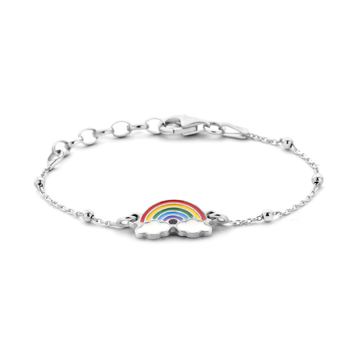 Bracciale in argento rodiato con pendente a forma di arcobaleno colorato.