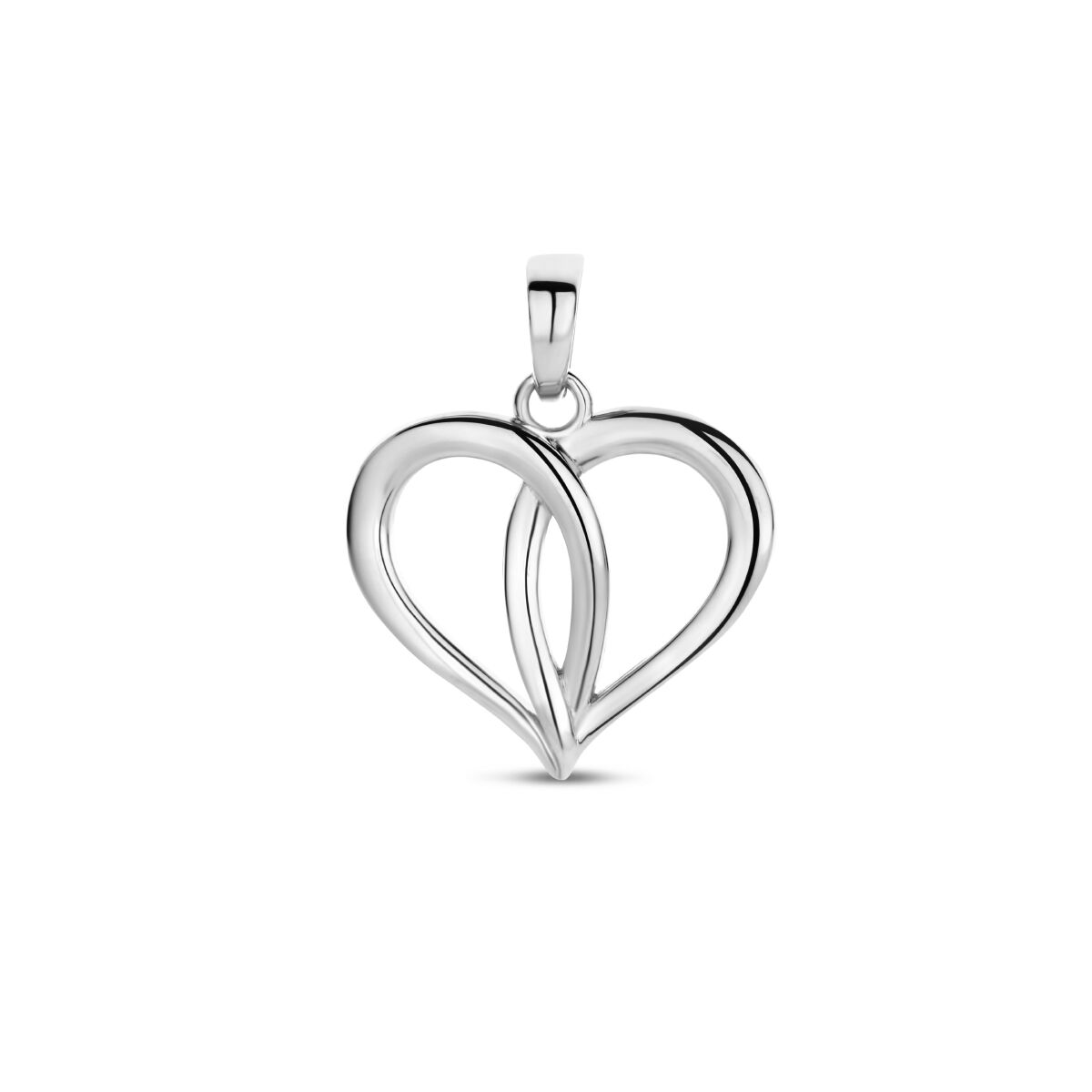 Ciondolo a forma di cuore in argento rodiato con finitura lucida.