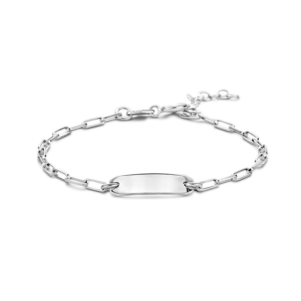 Bracciale in argento rodiato con piastra centrale di 5,0 mm e catena a maglia rolò, lunghezza 16 + 2 cm.