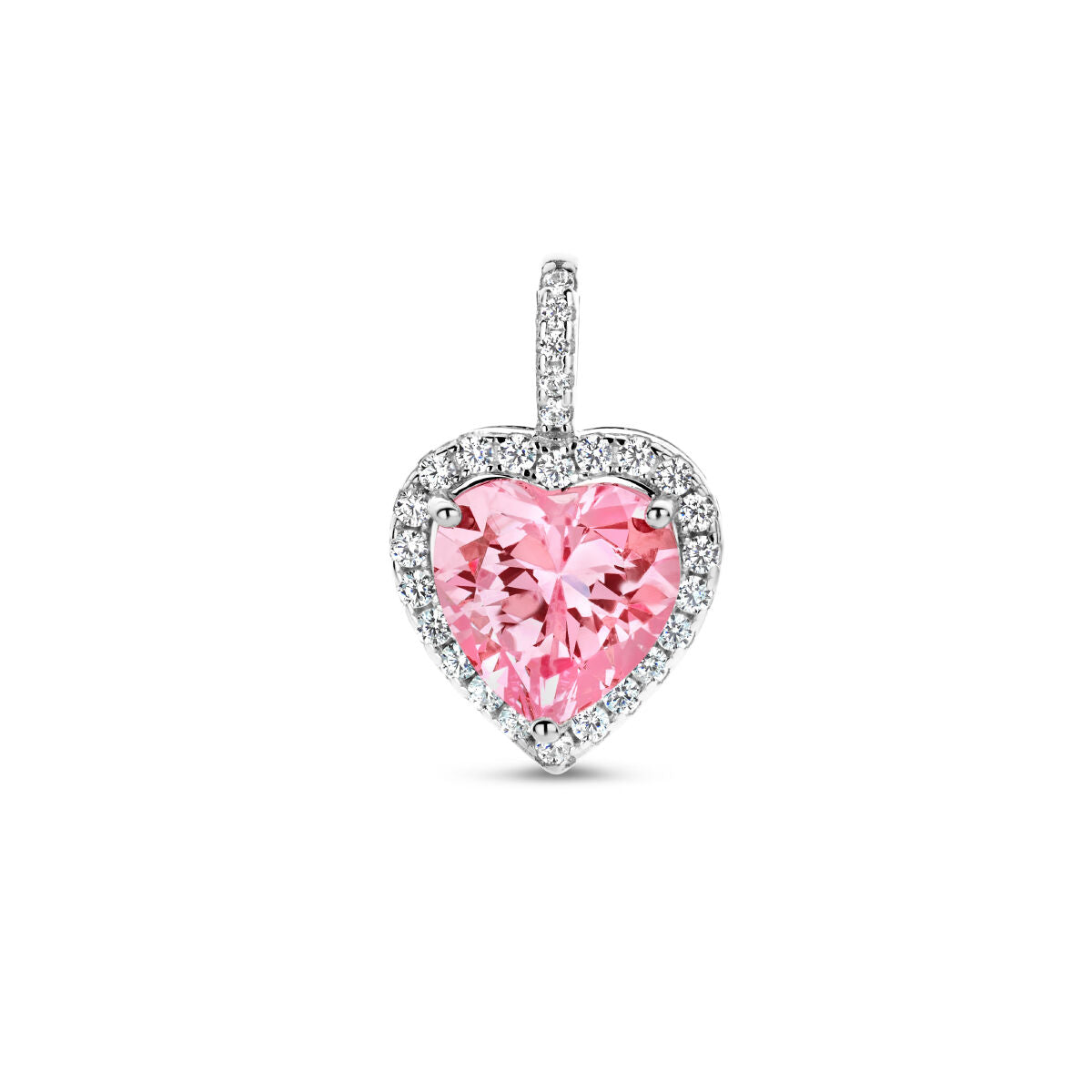 Hanger in hartvorm met een grote roze zirkonia omringd door een halo van witte zirkonia's, zilver gerhodineerd.