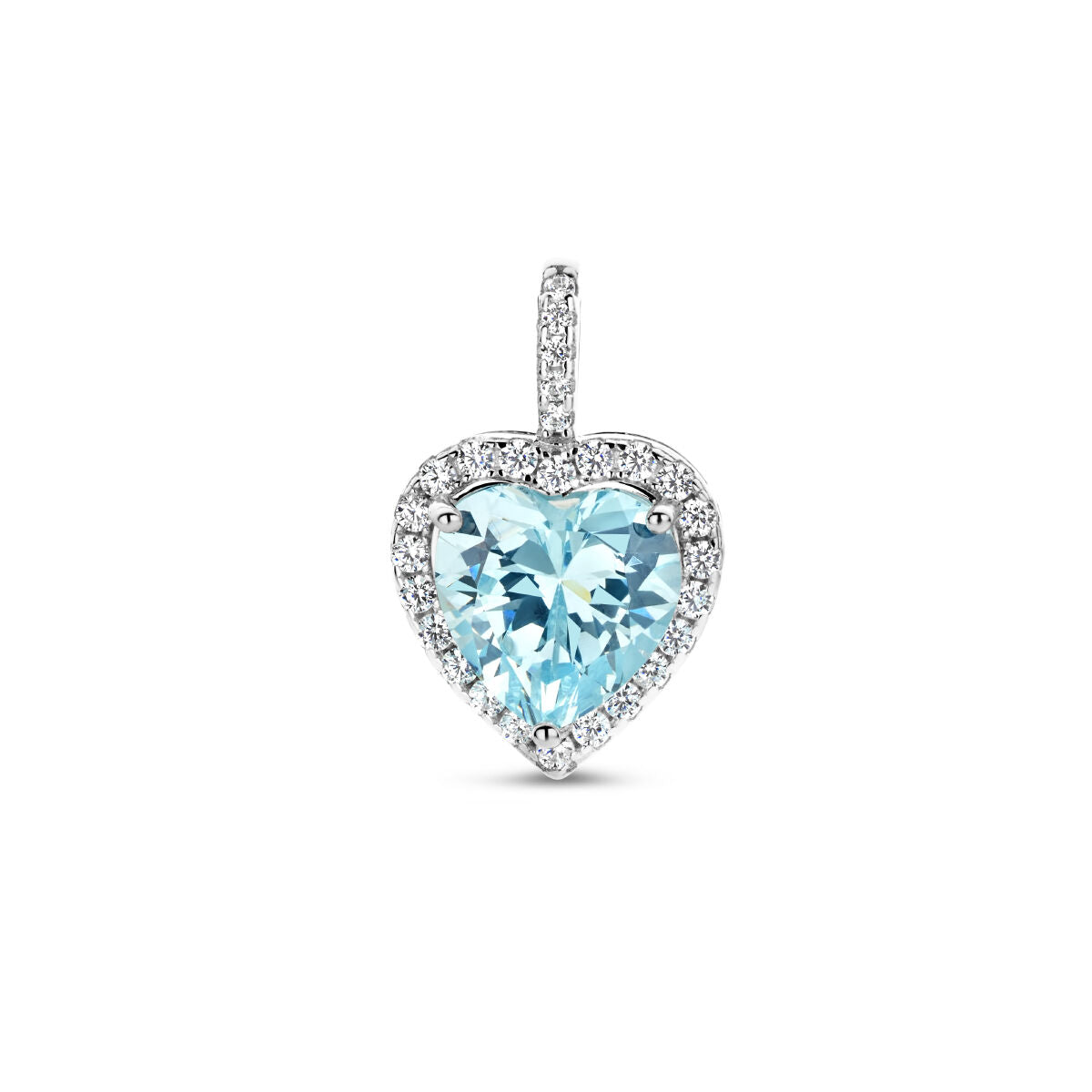 Ciondolo a forma di cuore con zircone aquamarina al centro, circondato da una halo di zirconi bianchi, in argento rodiato.