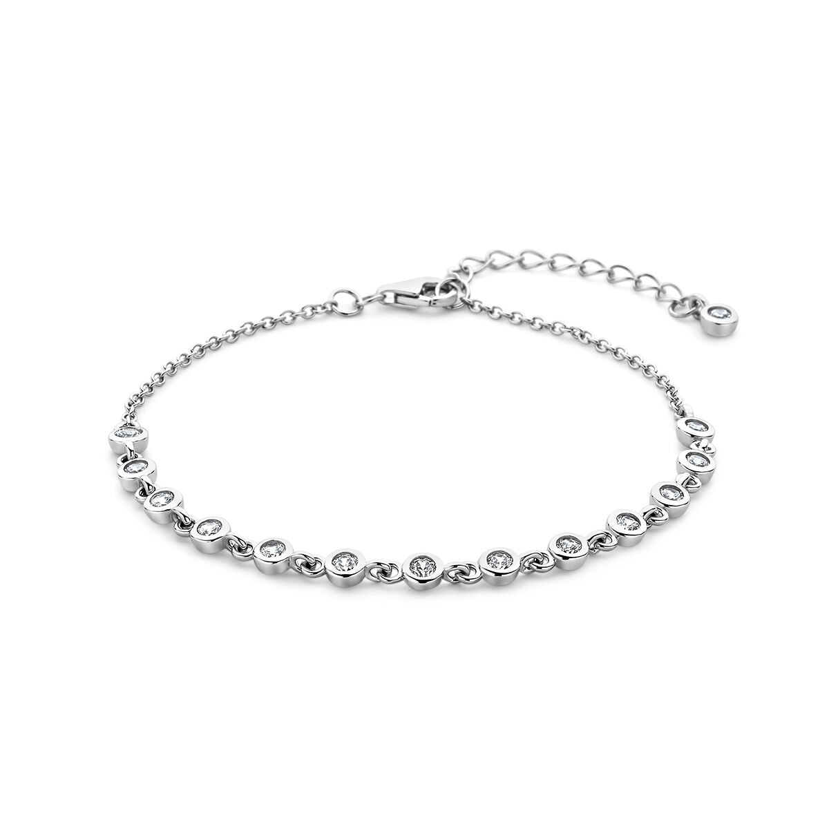 Bracciale in argento rodiato con zirconi, lunghezza 16 + 3 cm, design delicato.