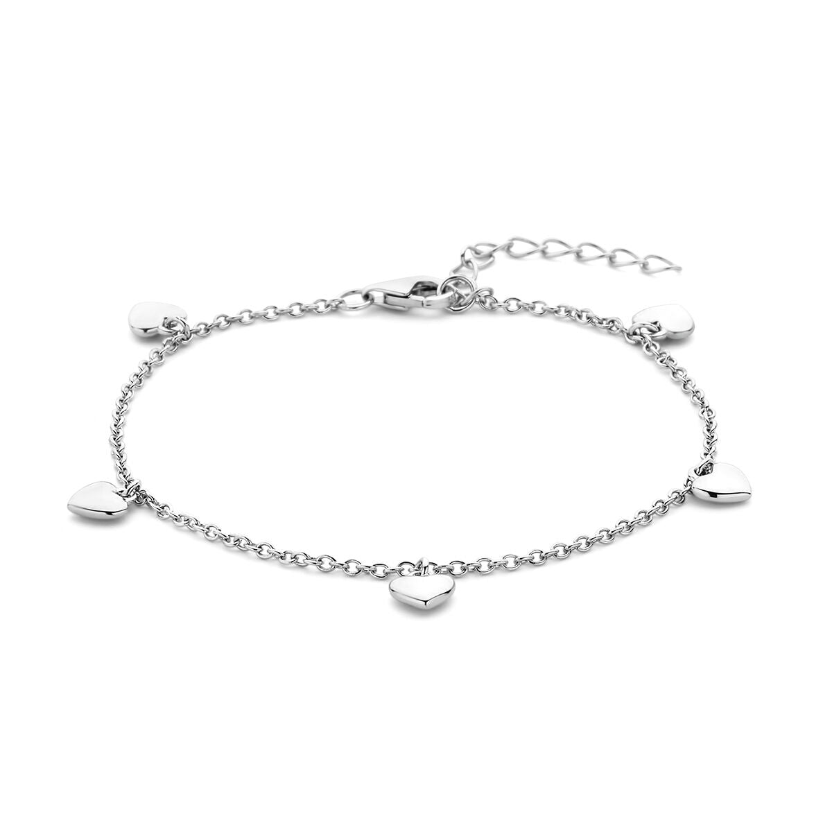Bracciale in argento rodiato con pendenti a forma di cuore, lunghezza 13 + 3 cm.