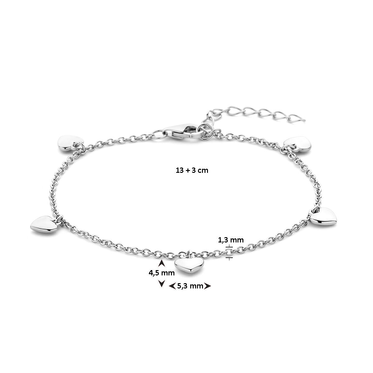 bracciale cuoricini 13 + 3 cm argento rodiato