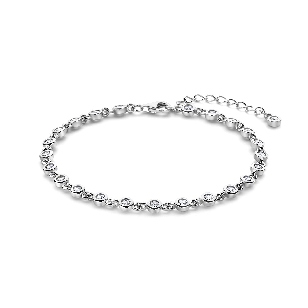 Bracciale in argento rodiato con zirconi, lungo 17 + 3 cm, con dettagli lucidi.