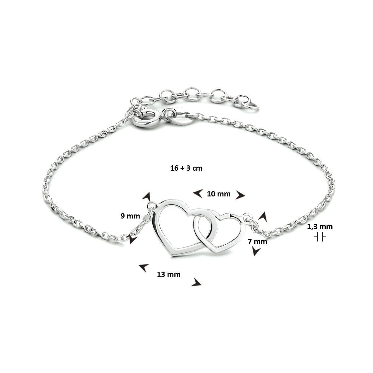 bracciale cuoricini 16 + 3 cm argento rodiato
