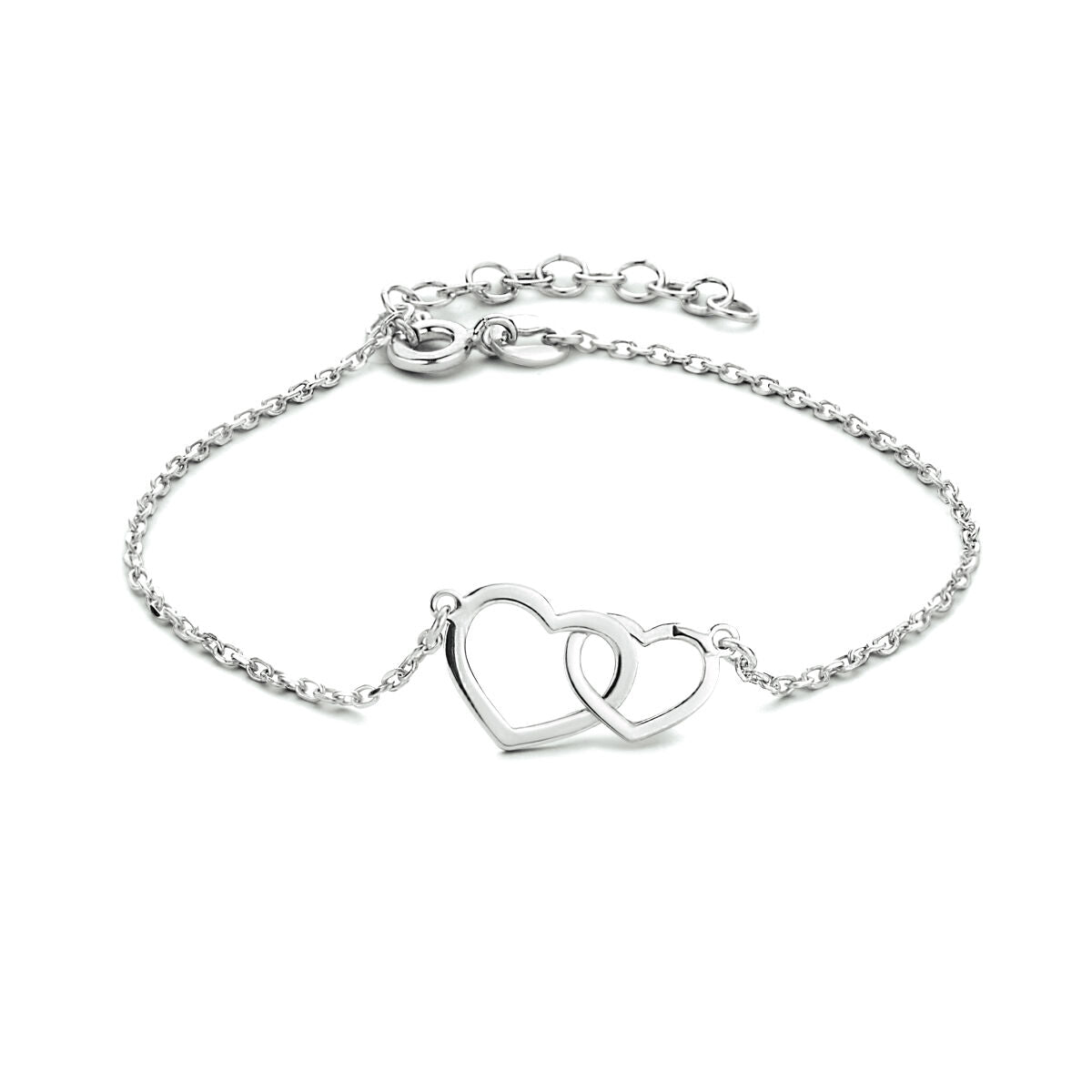 Bracciale in argento rodiato con pendente a forma di cuori intrecciati, lunghezza 16 + 3 cm.