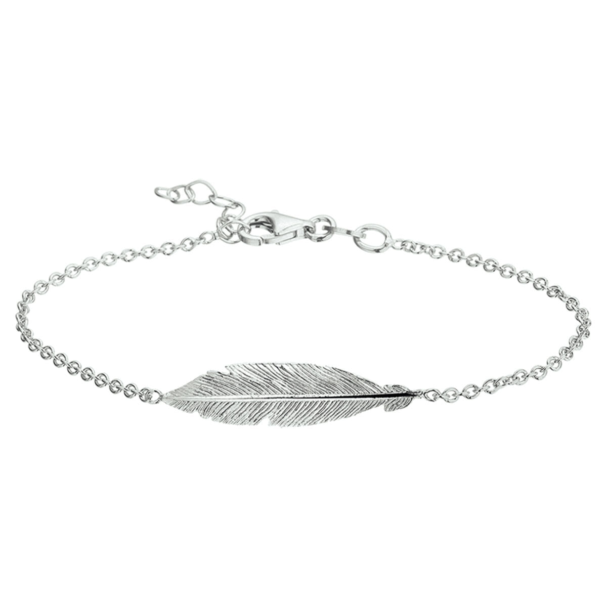 Bracciale in argento rodiato con pendente a forma di piuma, lunghezza 16,5 + 2,5 cm.