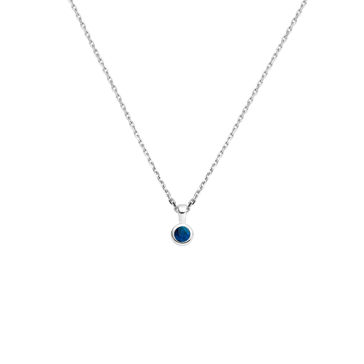 Collana in argento rodiato con ciondolo rotondo blu, lunghezza 41 + 4 cm.