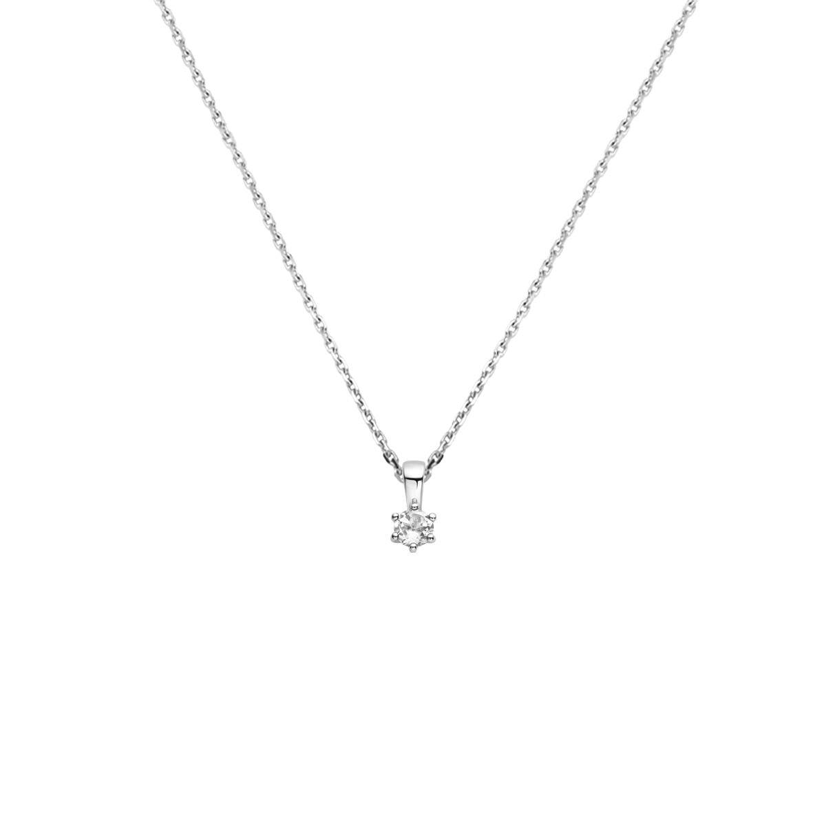 Een delicate Van der Kooij Collectie collier met geboortesteen, 41 + 4 cm, in zilver gerhodineerd, wordt weergegeven op een effen witte achtergrond.