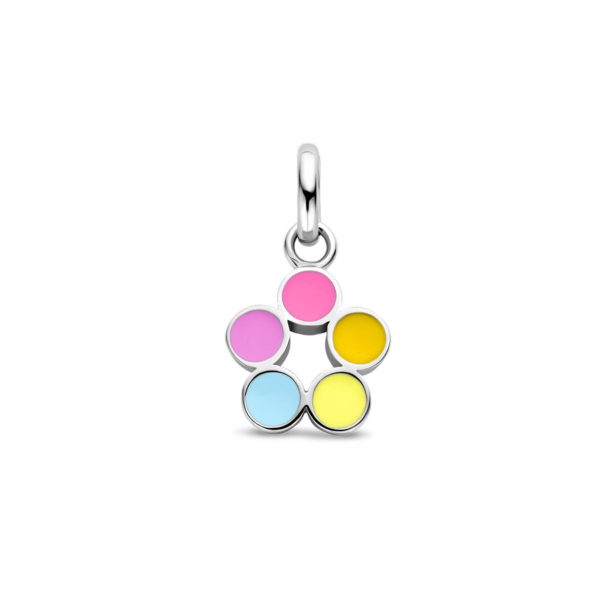 Ciondolo a forma di fiore in argento rodiato con dettagli colorati rosa, azzurro e giallo.