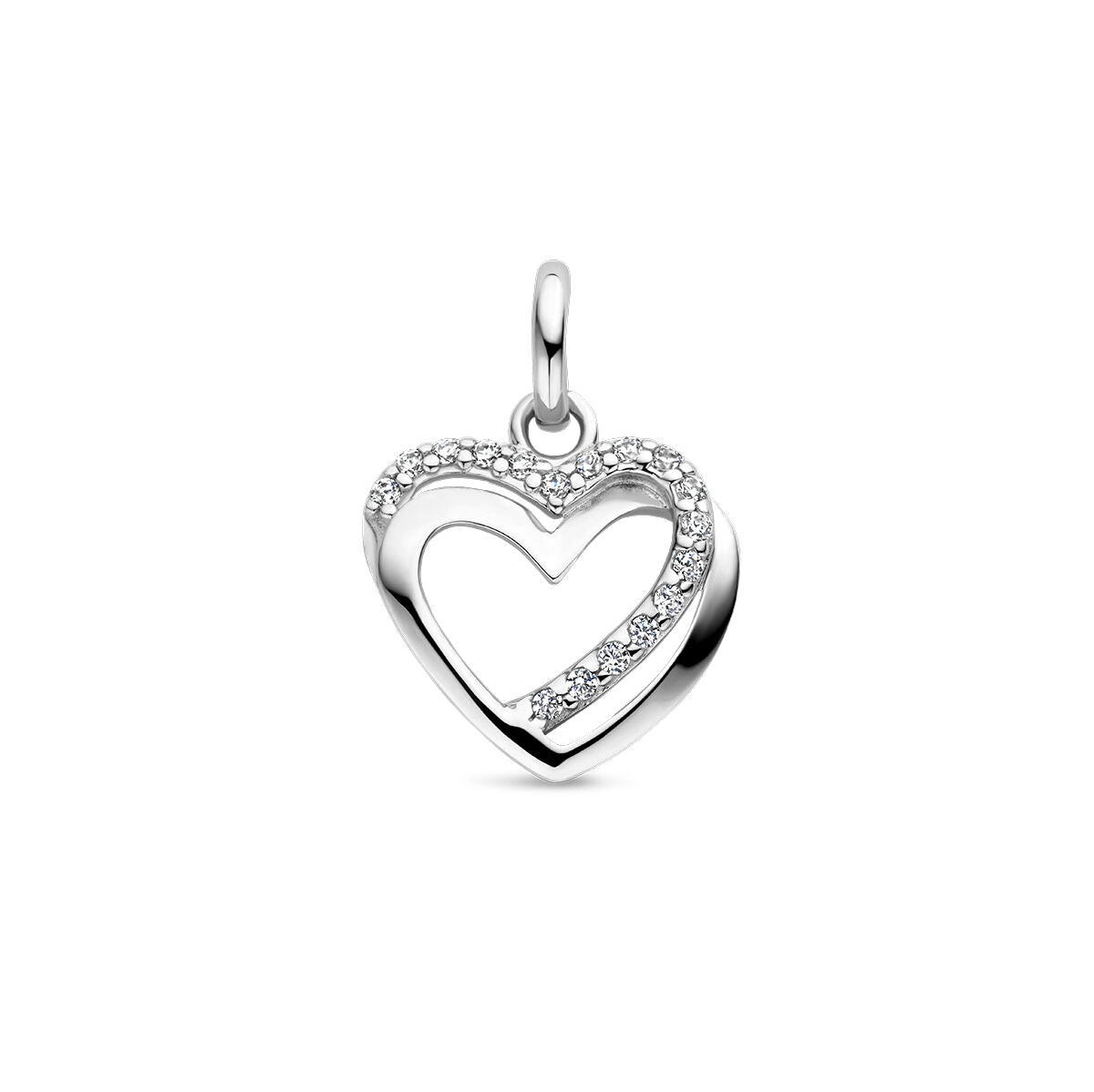Ciondolo a forma di cuore in argento rodiato con zircone.