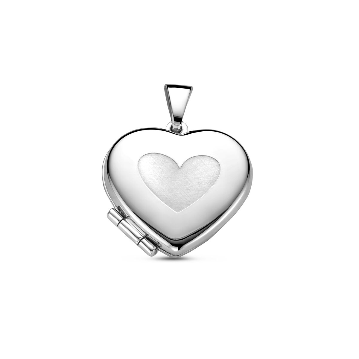 Hartvormig medaillon in gerhodineerd zilver met een matte afwerking en een glanzend hartdetail.