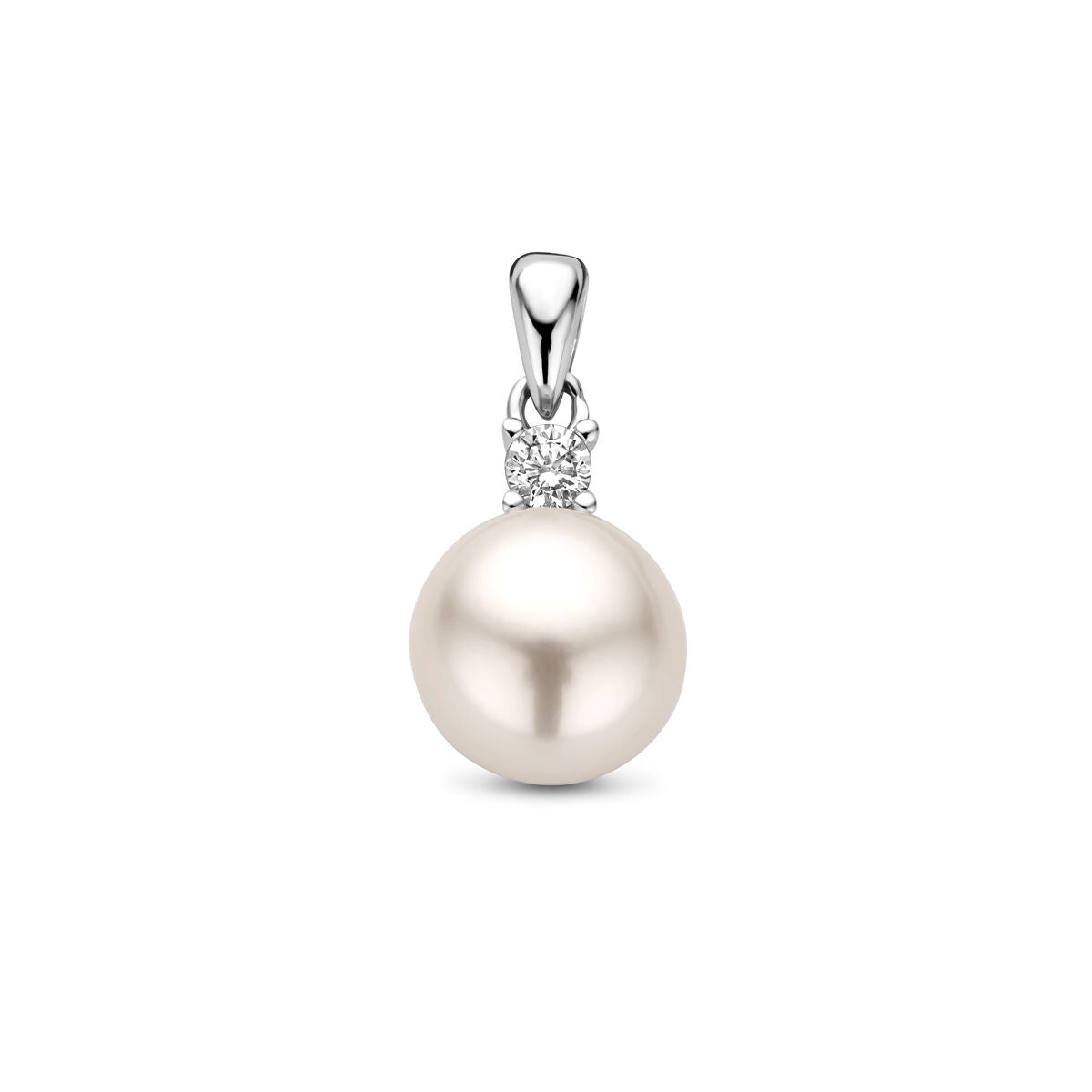 Ciondolo in argento rodiato con perla e zirconi.